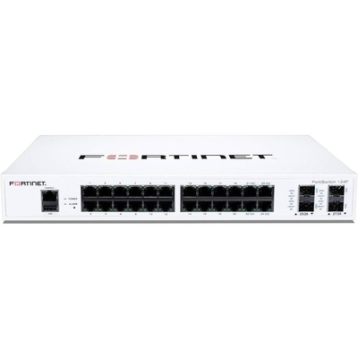 Fortinet FS-124F to przełącznik konkurencyjny w zakresie wydajności i ceny z 24x portem GE + 4x portem SFP + 1x konsolą RJ45